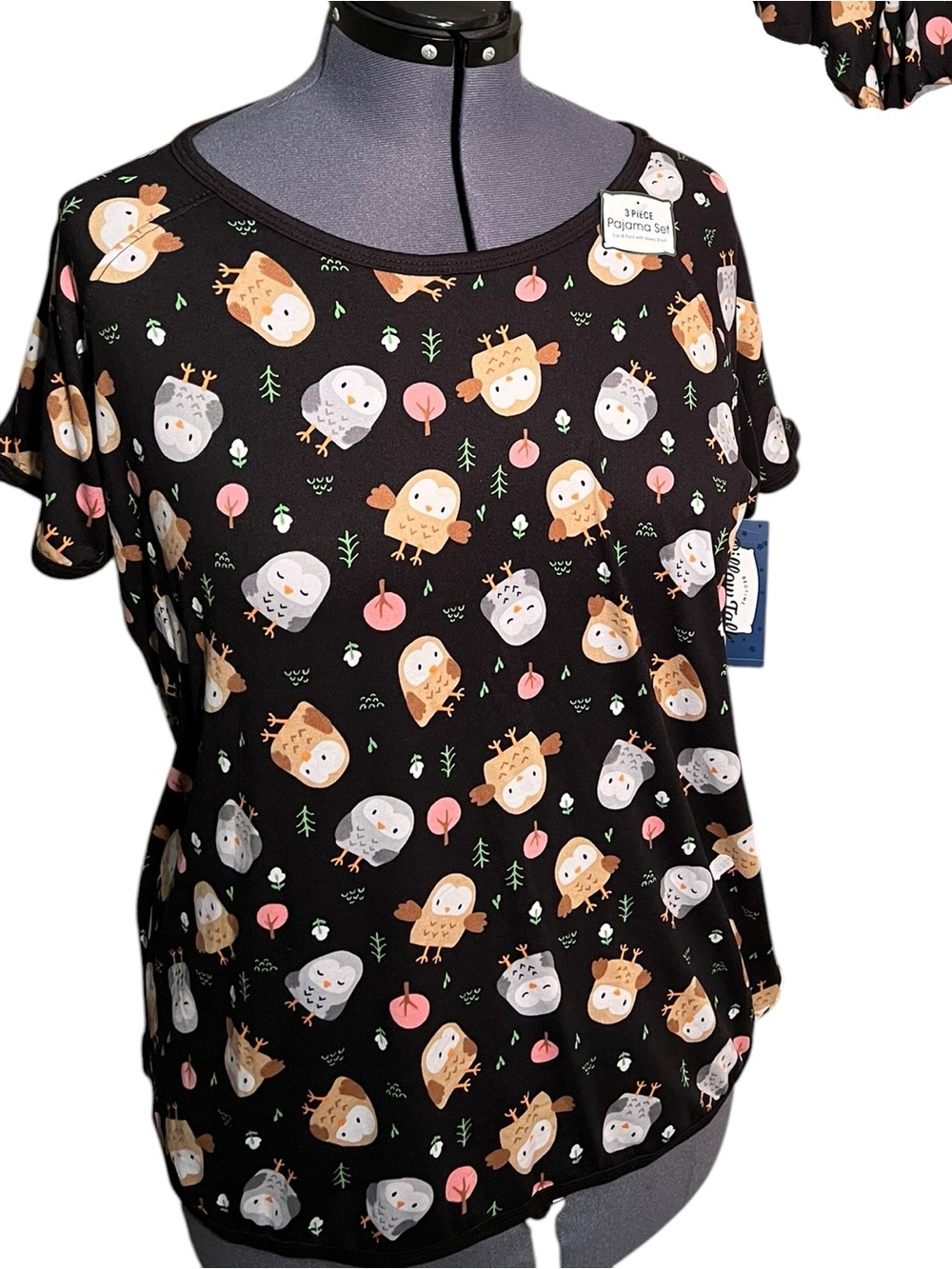 Pillow Talk Women’s Size Large Pajama Set Short Sleeve Black Owl Print Shorts